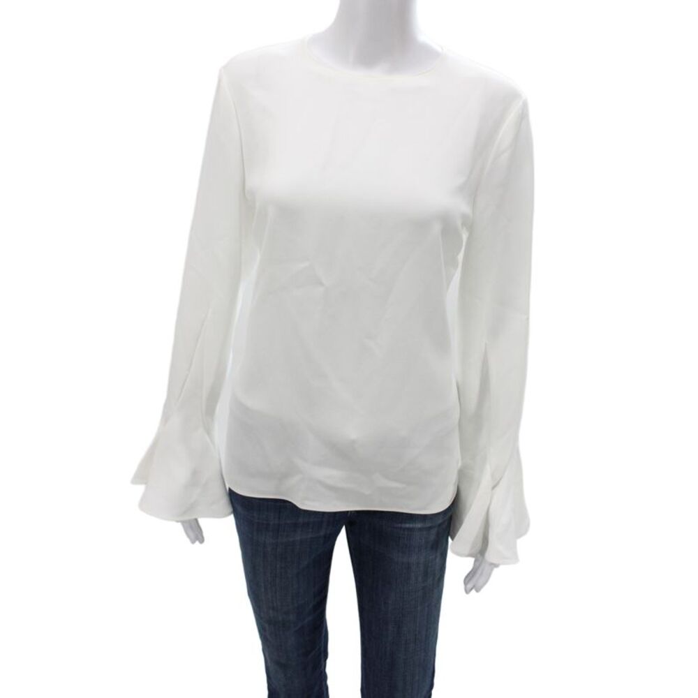 Lafayette 148 New York Women White Crew Neck Basic Blouse Long Sleeve Size M